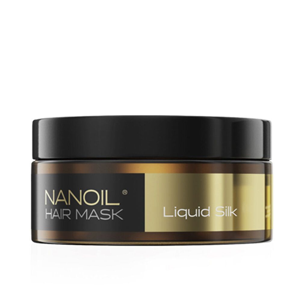 Barattolo rotondo con coperchio nero. Scritta: NANOIL HAIR MASK, Liquid Silk. Sfondo dorato.