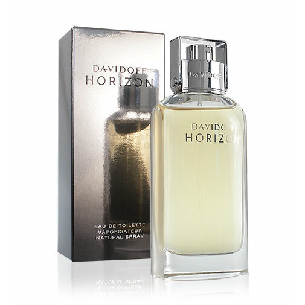 Flacone e scatola Davidoff Horizon Edt Spray. Flacone rettangolare trasparente, tappo argentato. Nome del prodotto su flacone e scatola.
