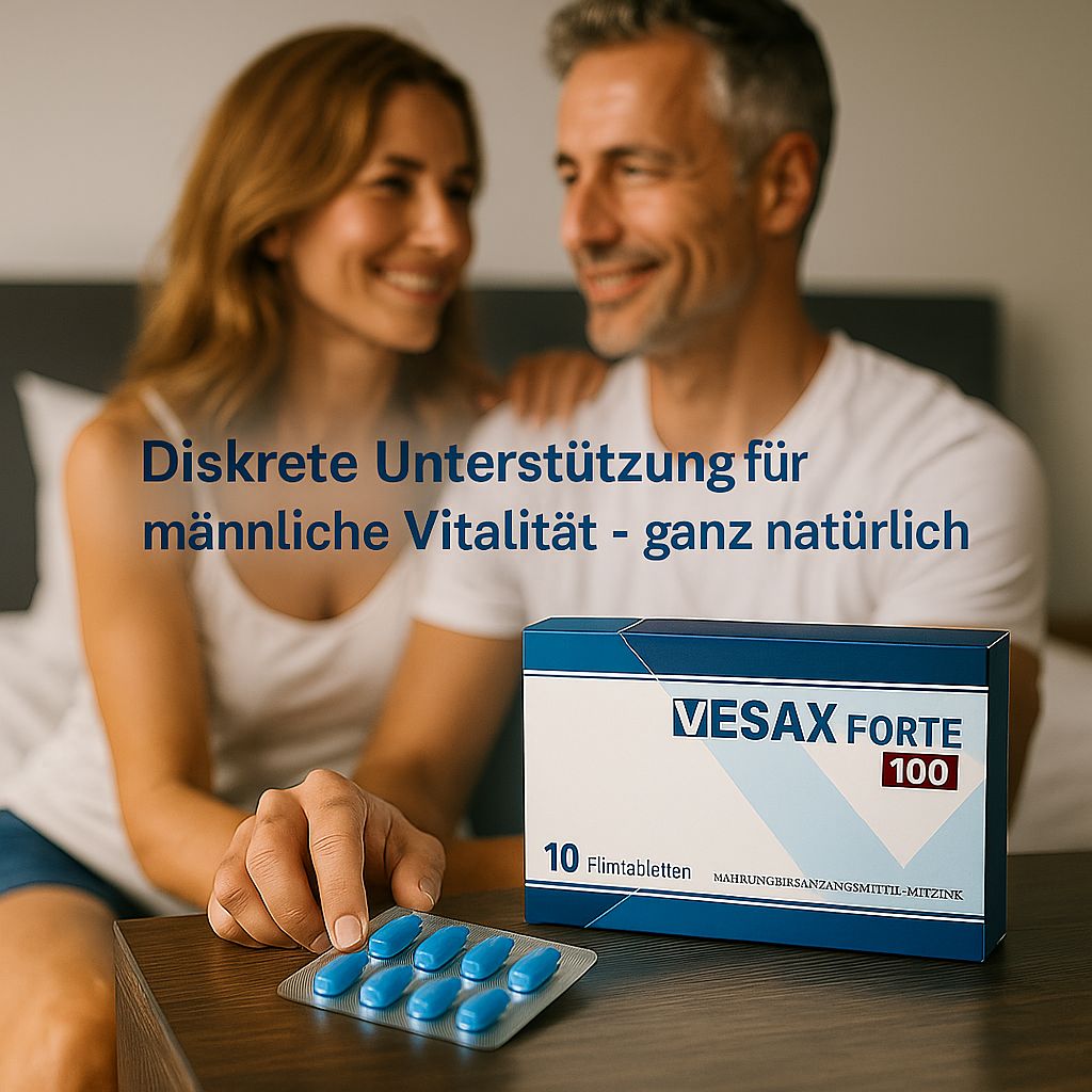 Una persona tiene in mano un blister di compresse blu e una scatola di Vesax Forte 100. Scritta: 10 compresse rivestite.