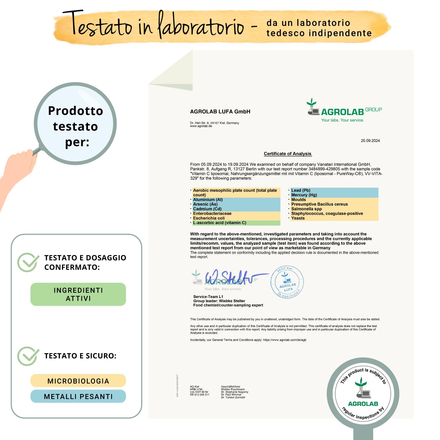 Rapporto di laboratorio con risultati. Scritta: AGROLAB LUFA GmbH. Conferma di ingredienti e microbiologia.