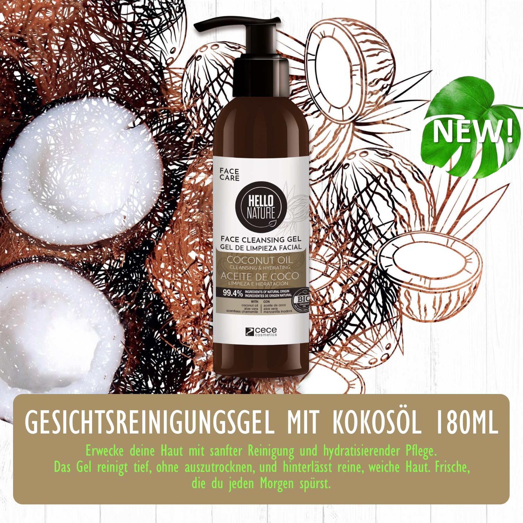 Gel detergente viso con olio di cocco. Flacone marrone con dosatore. Logo Hello Nature. Illustrazioni di cocco.