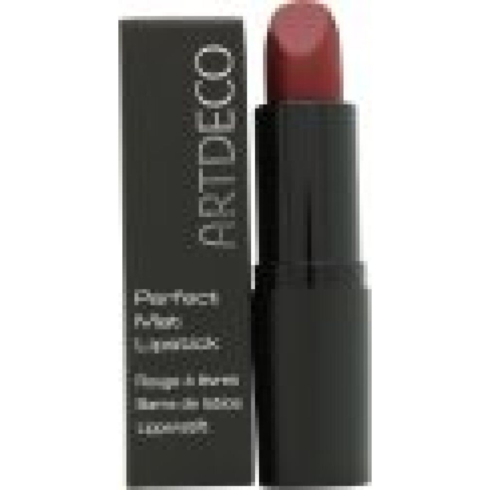Tubo di rossetto nero con rossetto rosso e confezione. Scritta ARTDECO sulla confezione.