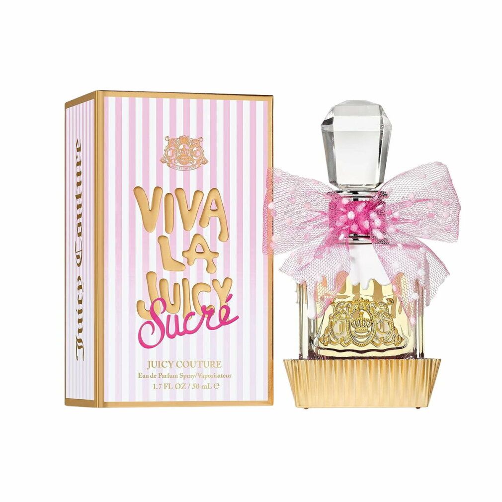Flacone di profumo con fiocco rosa e base dorata accanto a una scatola a righe rosa. Testo: Viva La Juicy Sucre.