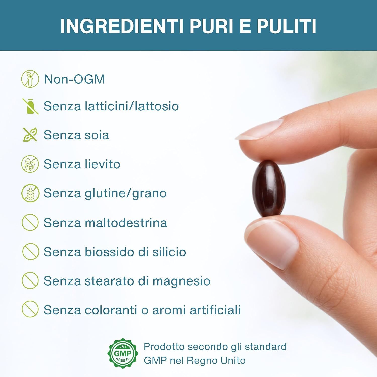 Elenco degli ingredienti senza additivi, prodotto secondo gli standard GMP.