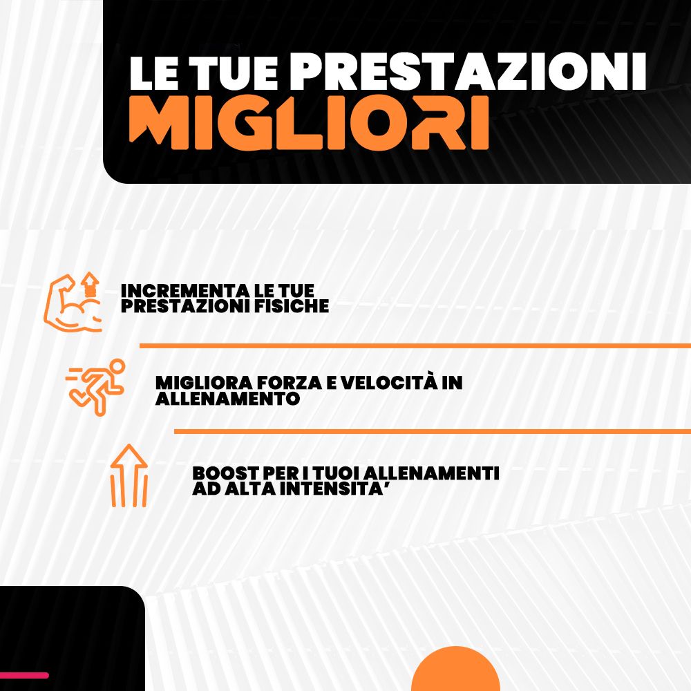 Grafica con testo: Aumenta le prestazioni fisiche, migliora forza e velocità, boost per allenamenti intensi.
