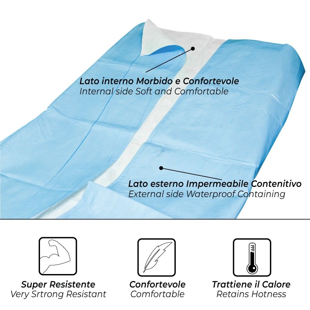 Primo piano di telo monouso blu. Testi: "Lato interno Morbido e Confortevole", "Lato esterno Impermeabile".