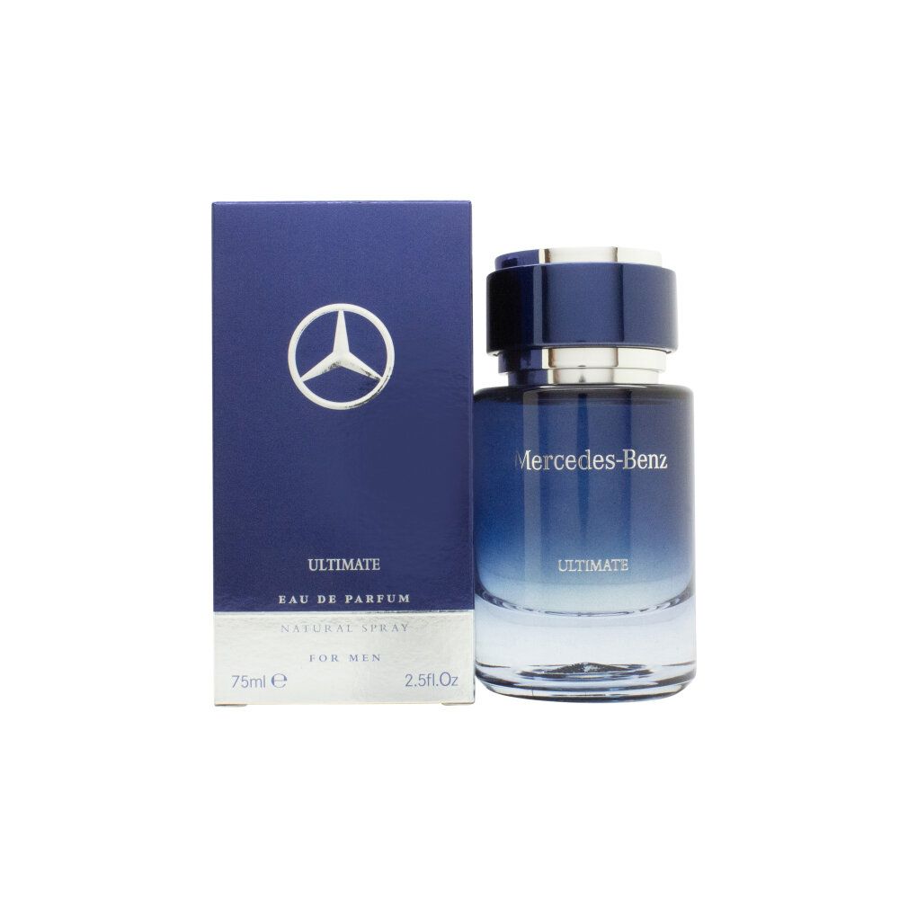 Flacone blu trasparente e scatola. Scritta: Mercedes-Benz Ultimate. Eau de Parfum. Per uomo.