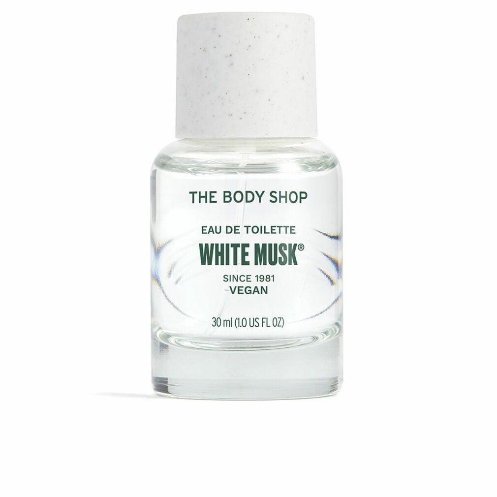 Flacone trasparente con tappo bianco. Scritta: White Musk, Eau de Toilette, Vegan. 30 ml.