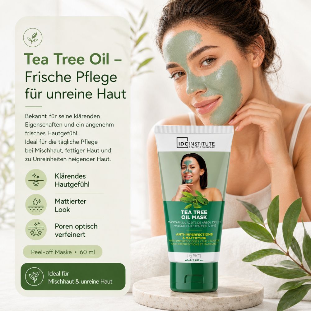 Tubo verde con maschera viso all'olio di tea tree, 60 ml. Donna con maschera sul viso.