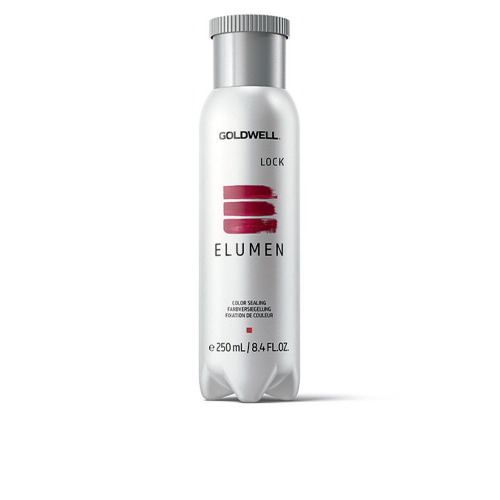 Flacone Goldwell Elumen Lock. Bianco, tappo argento. Strisce rosse e scritta Elumen. 250 ml.