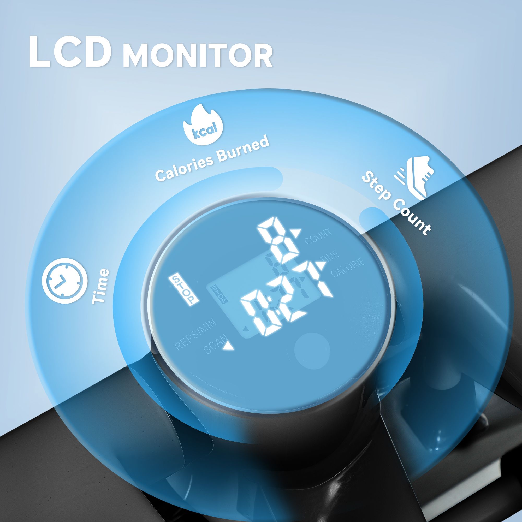 Monitor LCD dello stepper. Visualizzazione di calorie, passi e tempo. Retroilluminazione blu.