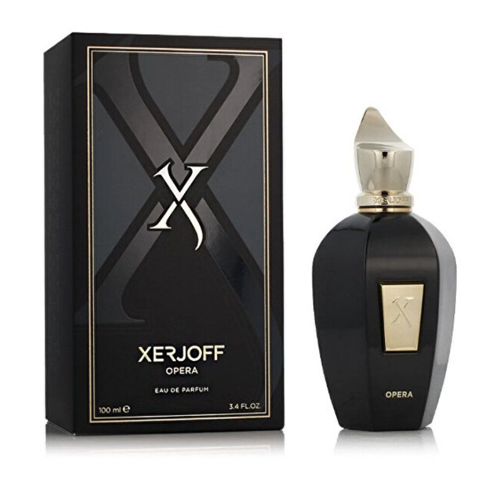 Flacone nero con tappo dorato accanto alla confezione. Confezione con logo e scritta: XERJOFF OPERA. Flacone con X dorato.
