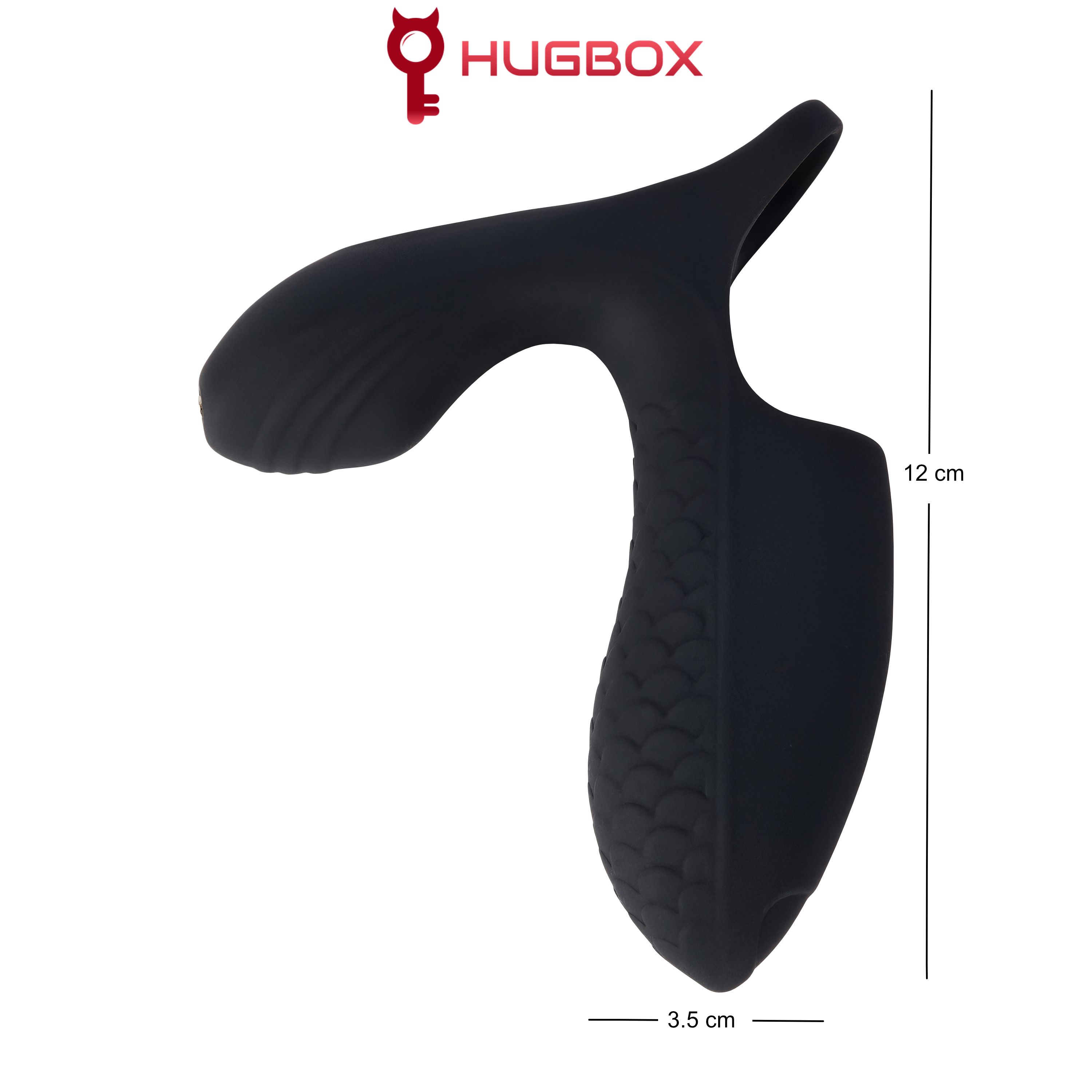 Prodotto benessere nero con superficie strutturata. Dimensioni: 12 cm di altezza, 3,5 cm di larghezza. Logo HUGBOX.