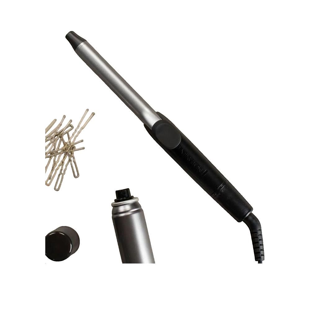 Arricciacapelli, forcine e bomboletta spray per capelli. Argento e nero.