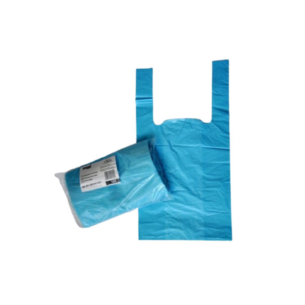 Sacchi per lo smaltimento azzurri con manici. Un sacco confezionato è accanto. Informazioni sul prodotto sulla confezione.