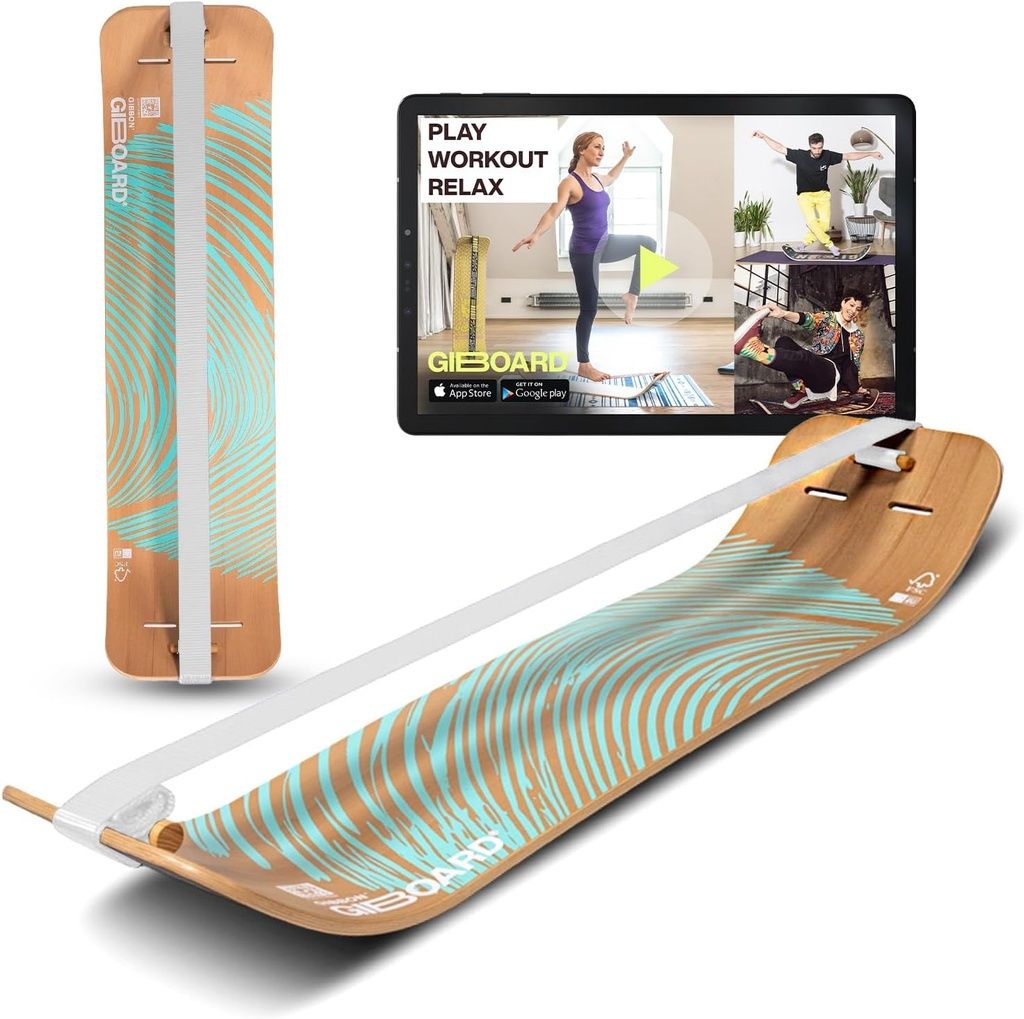 GIBOARD SET - ZEN BLUE Balance Board con cinghia bianca e display tablet che mostra esercizi.