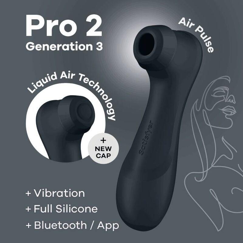 Dispositivo blu scuro con punta arrotondata. Testo: Pro 2 Generation 3, Air Pulse, Liquid Air Technology, + New Cap, + Vibration, + Full Silicone, + Bluetooth / App.