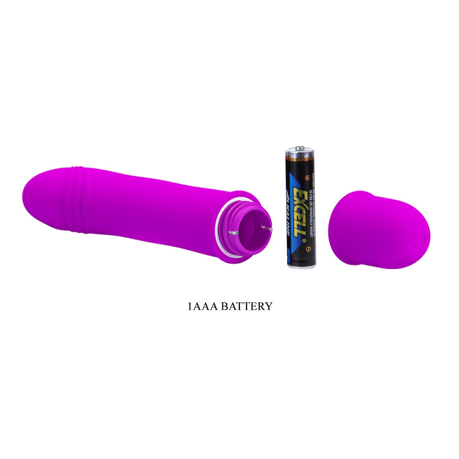 Vibratore viola con vano batteria. Una batteria AAA accanto al vano aperto.