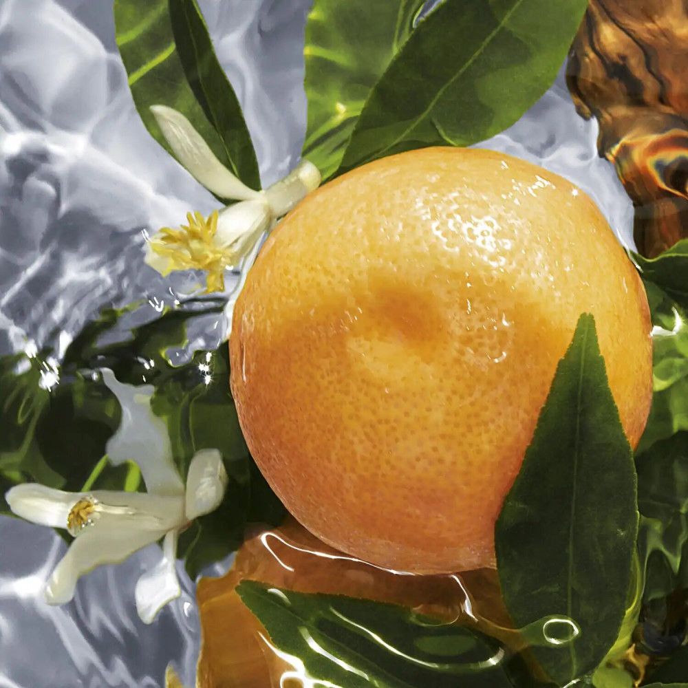 Arancia in acqua con foglie e fiori. Primo piano.