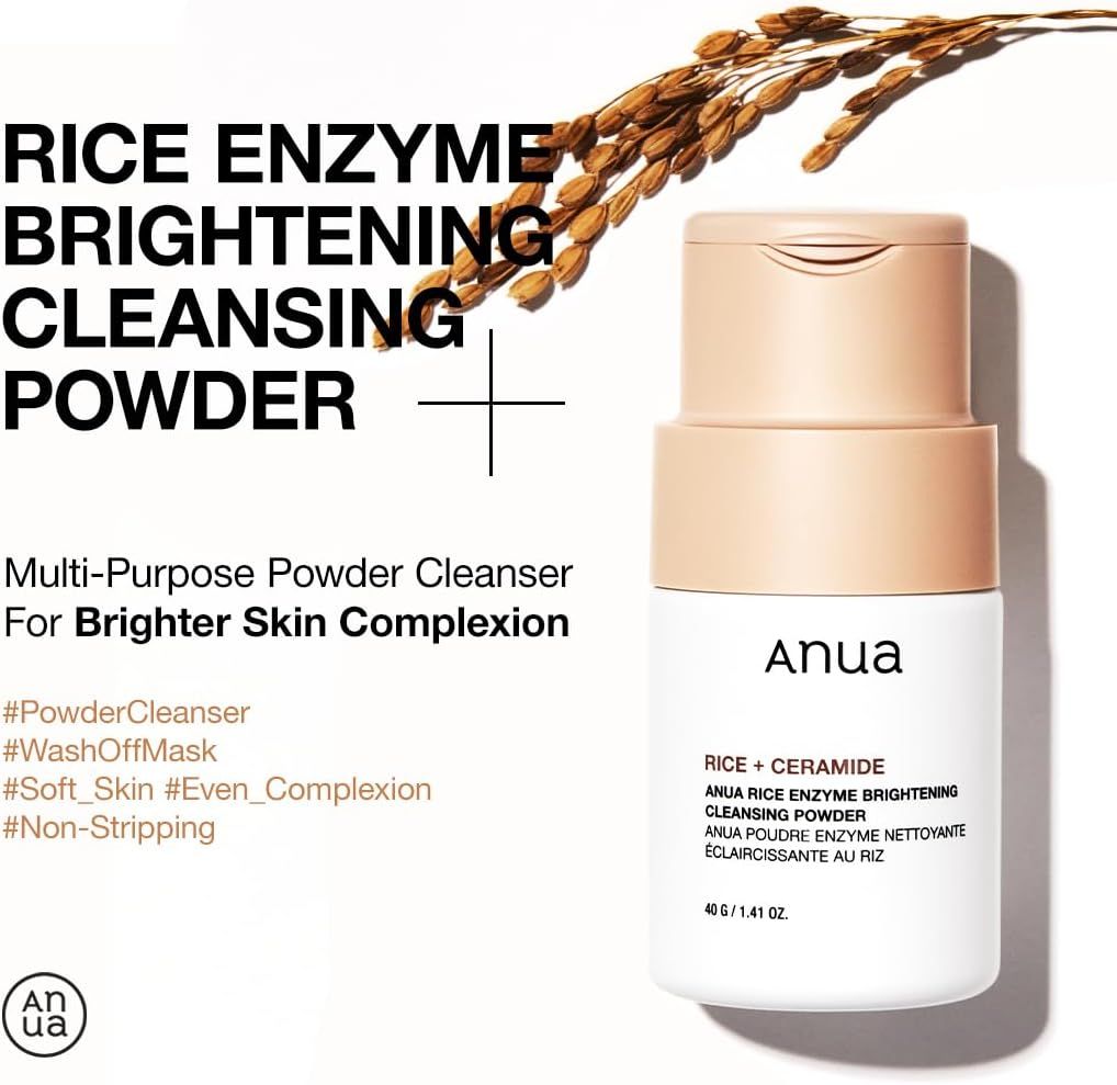 Flacone con testo: Rice Enzyme Brightening Cleansing Powder. Logo Anua. 40g/1.41 fl oz. Spighe di riso sullo sfondo.