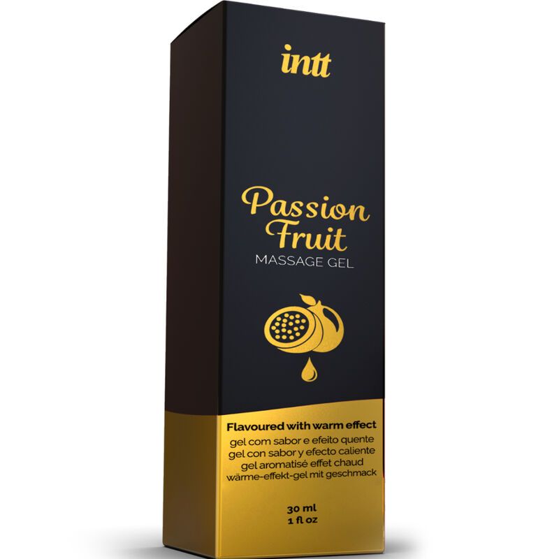 Confezione nera con scritte dorate per "Passion Fruit Massage Gel". Contiene 30 ml.