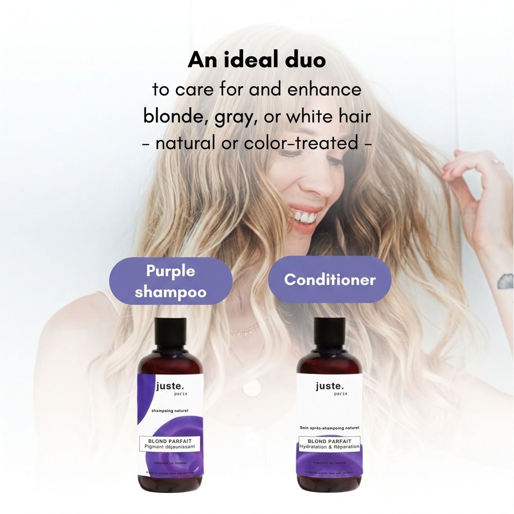 Due flaconi: shampoo viola e balsamo per capelli biondi, grigi o bianchi.