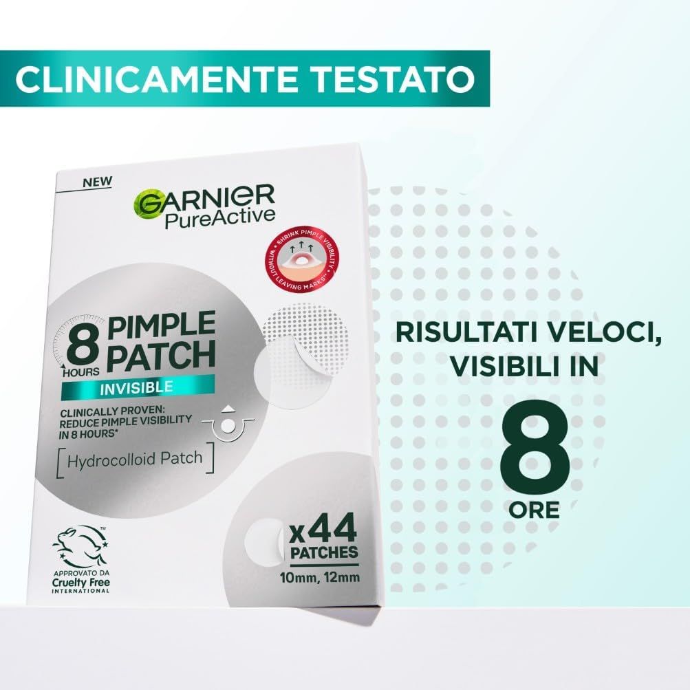 Confezione di cerotti Garnier PureActive. Testo: 'Risultati veloci, visibili in 8 ore'.