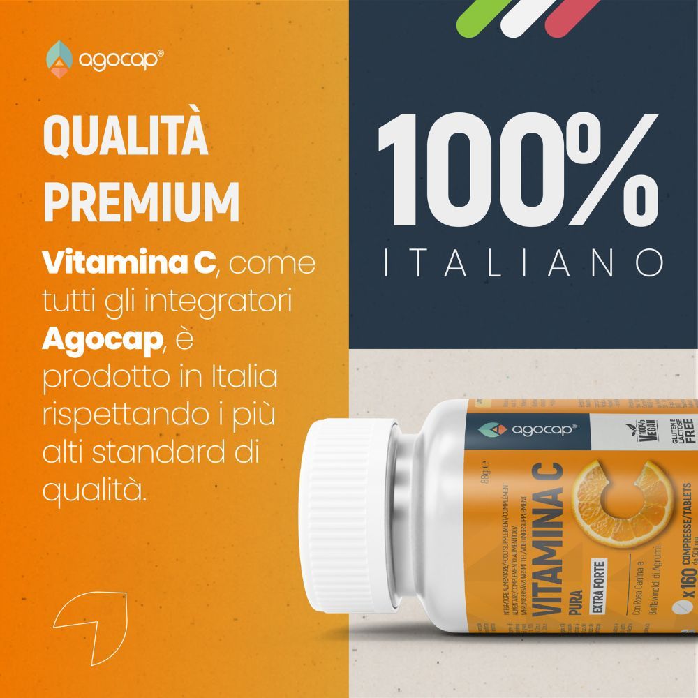 Flacone di vitamina C. Testo: Qualità premium. Prodotto in Italia. Vegano e senza glutine.