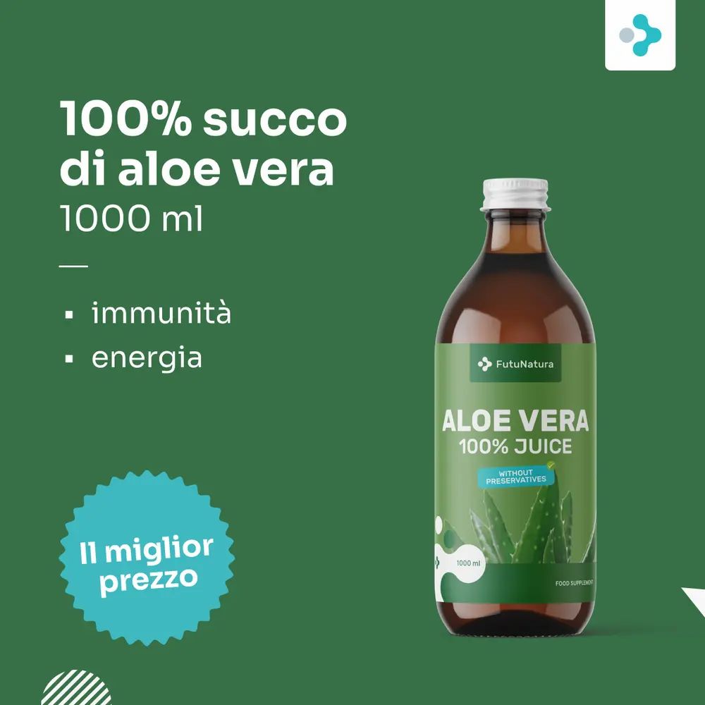 Bottiglia di vetro con etichetta. Testo: 100% succo di aloe vera, 1000 ml, immunità, energia. Su sfondo verde. Il miglior prezzo.