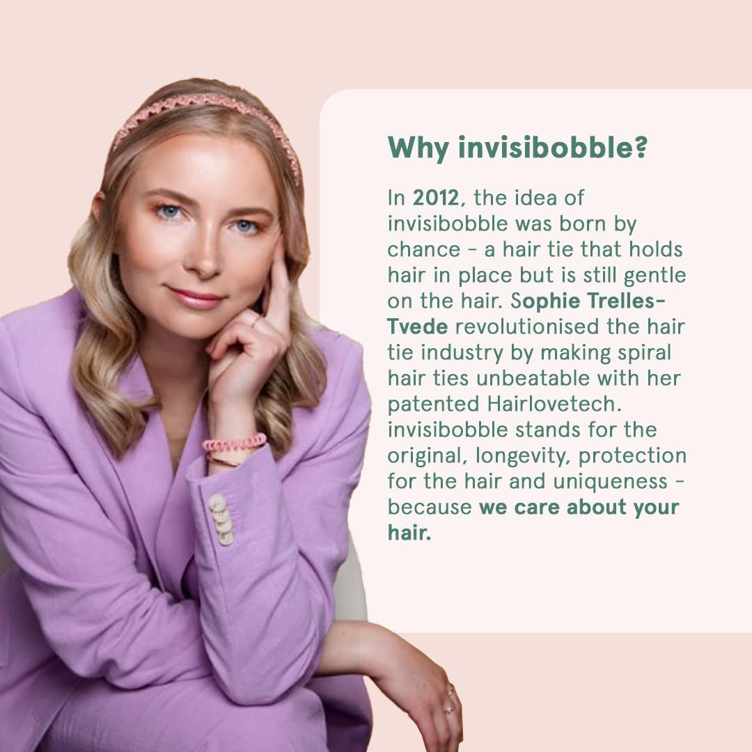 Donna con elastico al polso. Testo: 'Why invisibobble?'. Informazioni sul marchio e sulla fondatrice Sophie Trelles-Tvede.
