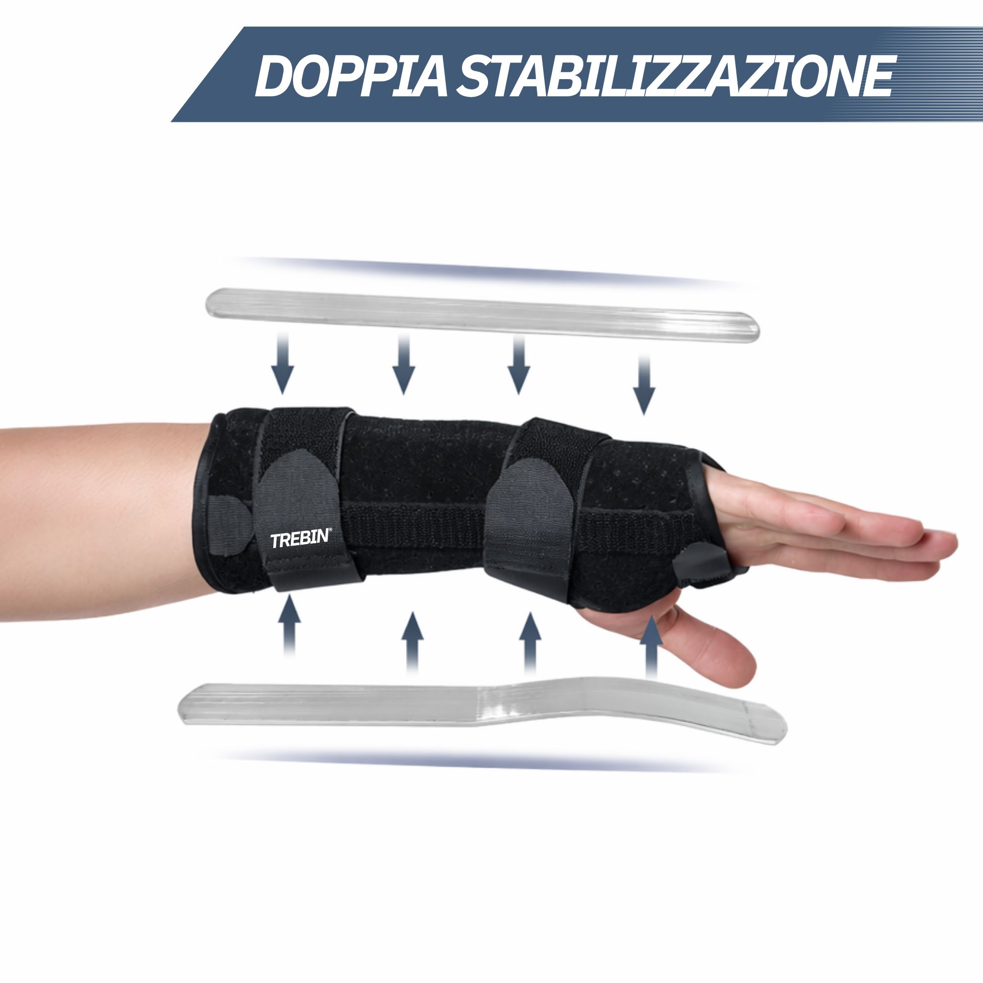 Tutore per polso con due stecche metalliche per la stabilizzazione.