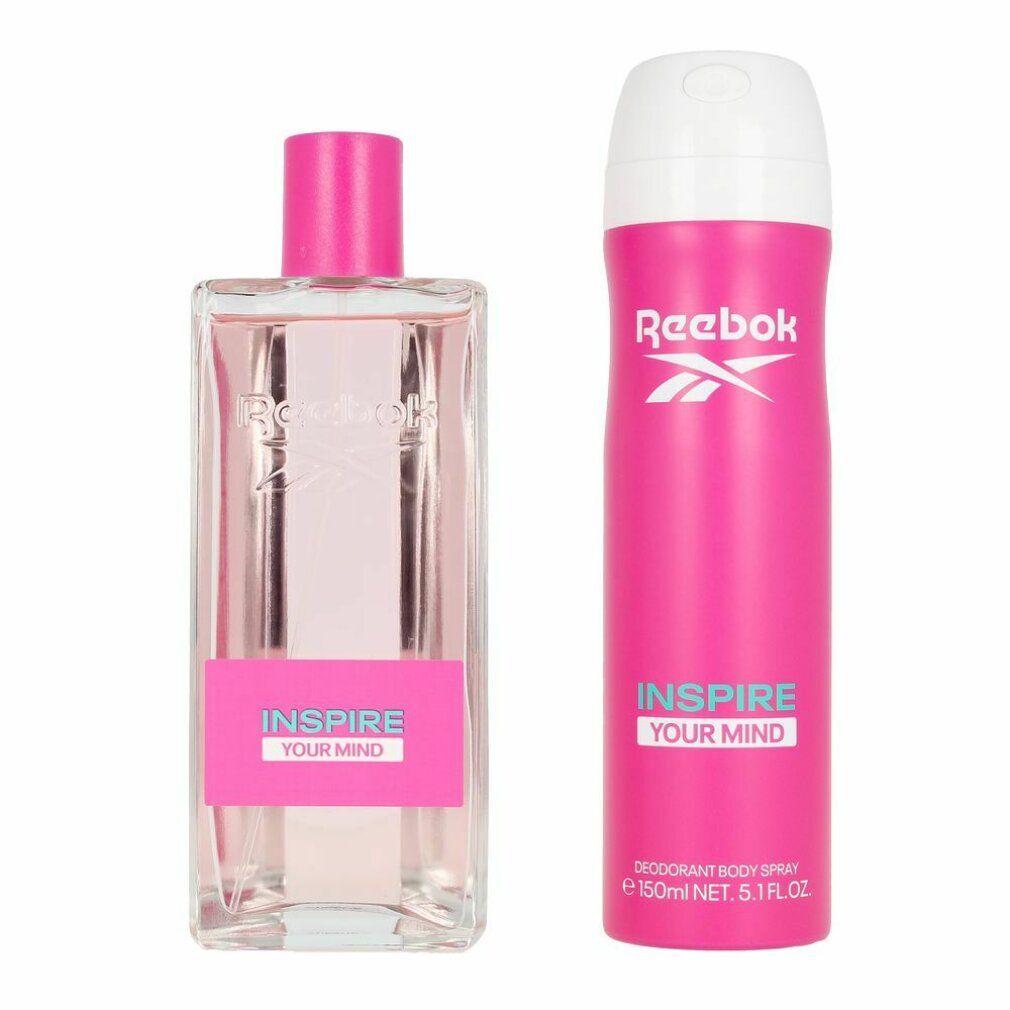 Due prodotti: flacone e spray. Entrambi rosa con logo Reebok bianco. Scritta: INSPIRE YOUR MIND.