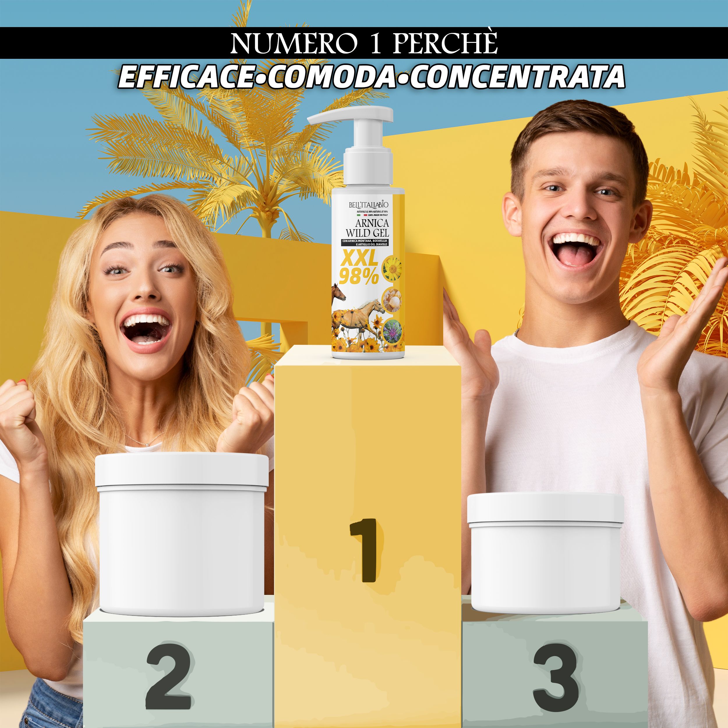 Due persone esultano davanti a un podio con il prodotto. Sul podio: flacone di gel con pompa. Testo: Numero 1 perché efficace-comoda-concentrata.