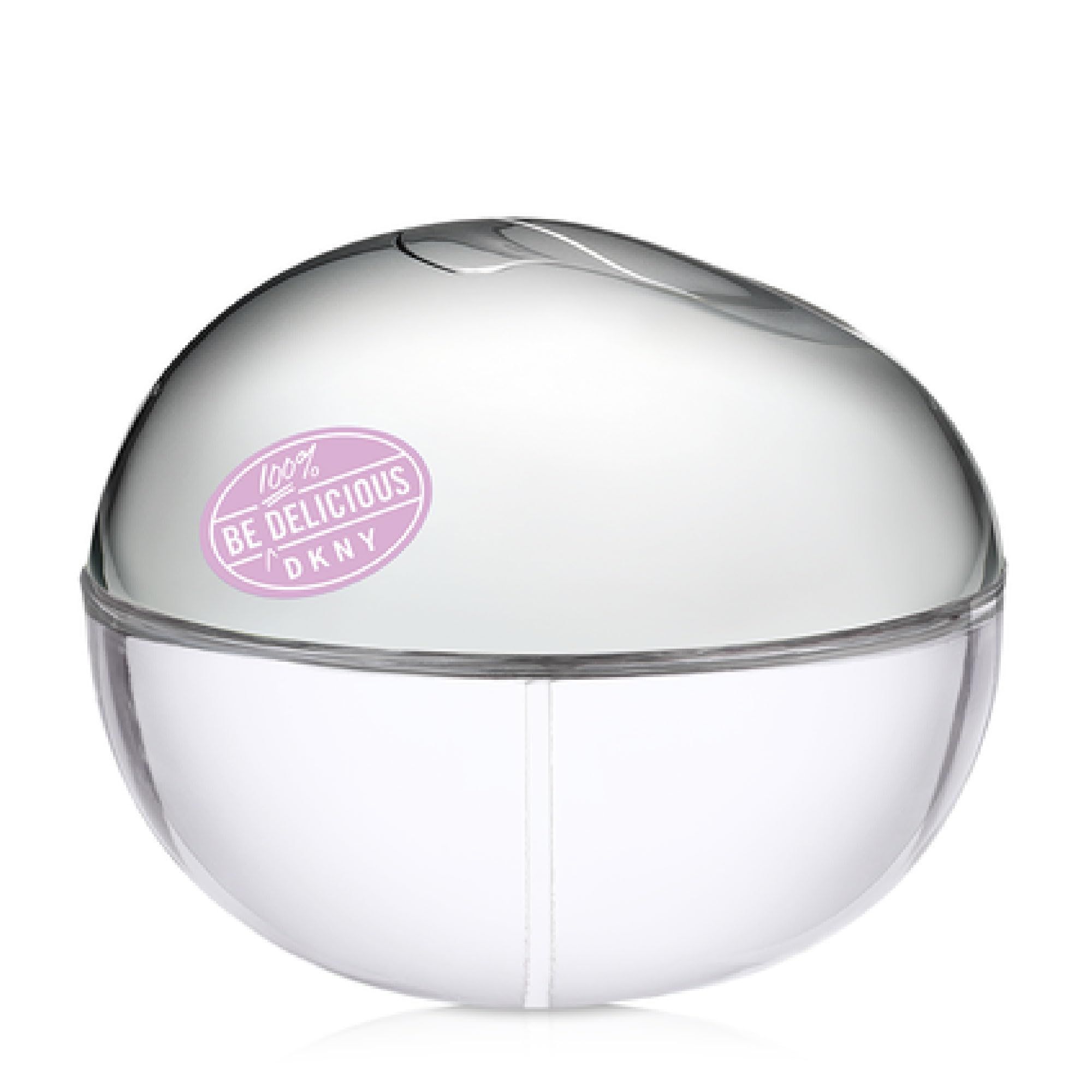 Flacone rotondo trasparente con tappo argentato. Adesivo rosa con testo: Be Delicious DKNY.