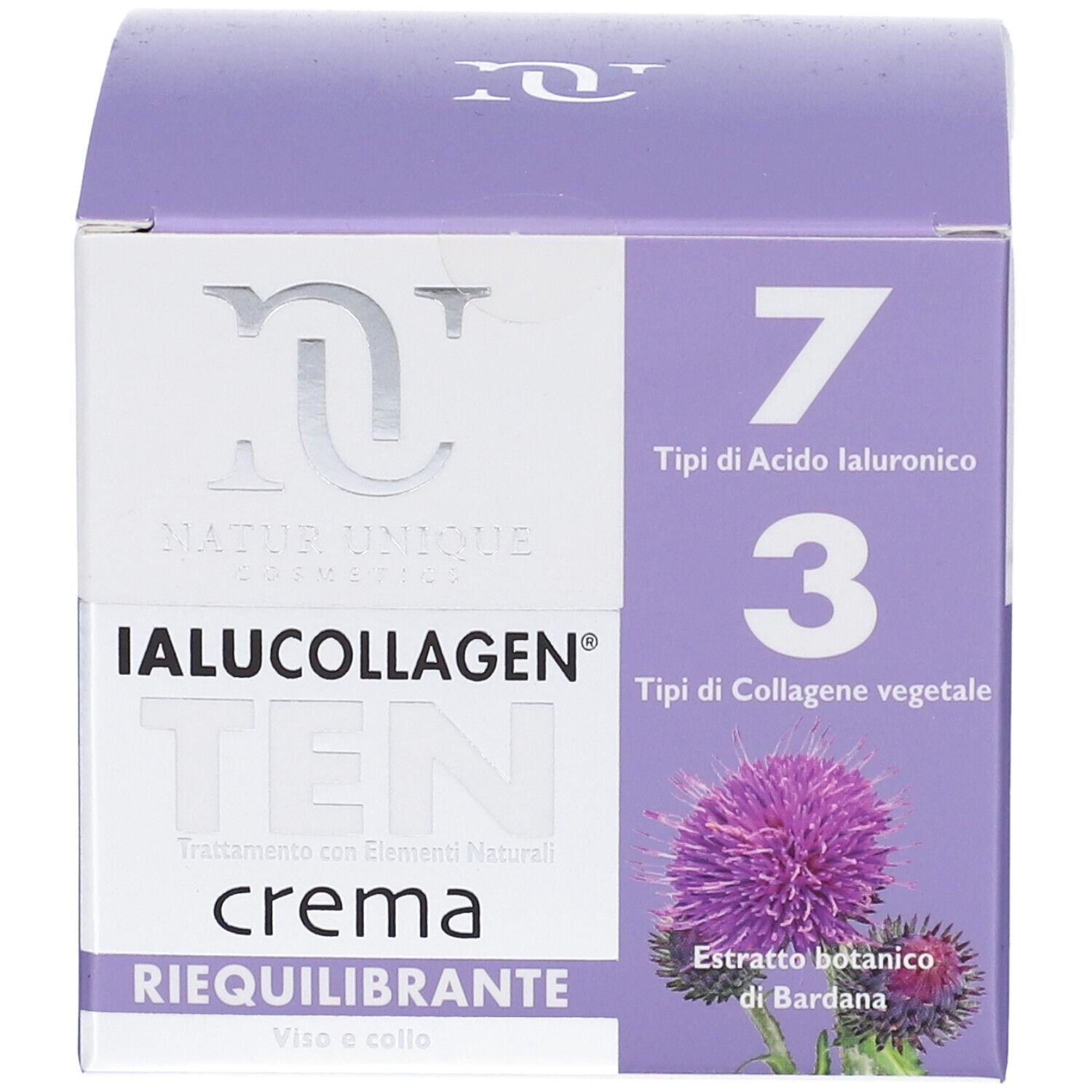 Confezione Ialucollagen Ten Cream. Contiene 7 tipi di acido ialuronico e 3 di collagene vegetale. Immagine di fiore di cardo.