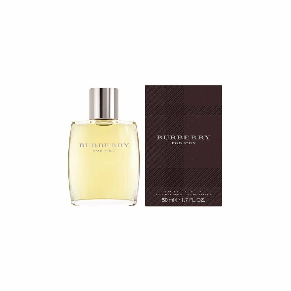 Burberry For Men Eau de Toilette con confezione. Flacone e confezione rettangolare con motivo Burberry.