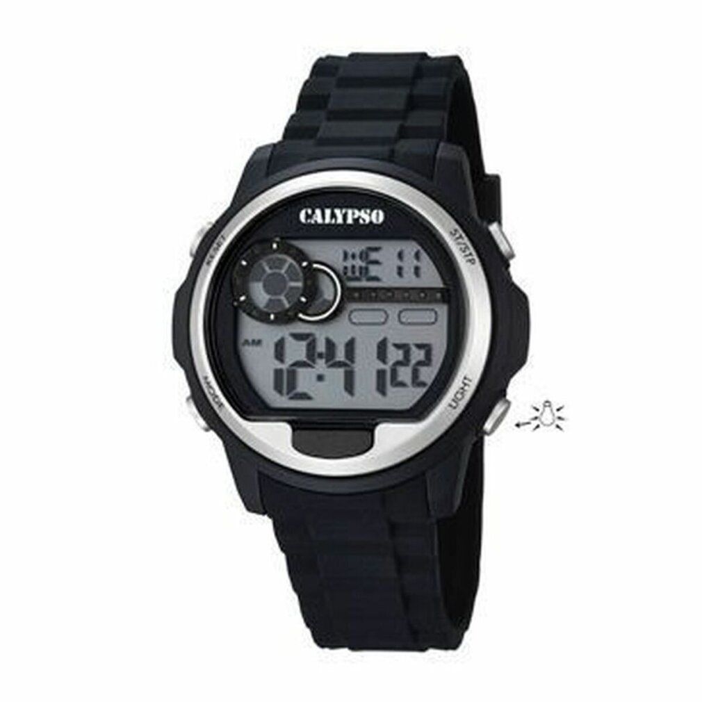 Orologio Calypso nero. Display digitale con data e ora. Cinturino nero. Lunetta argentata.