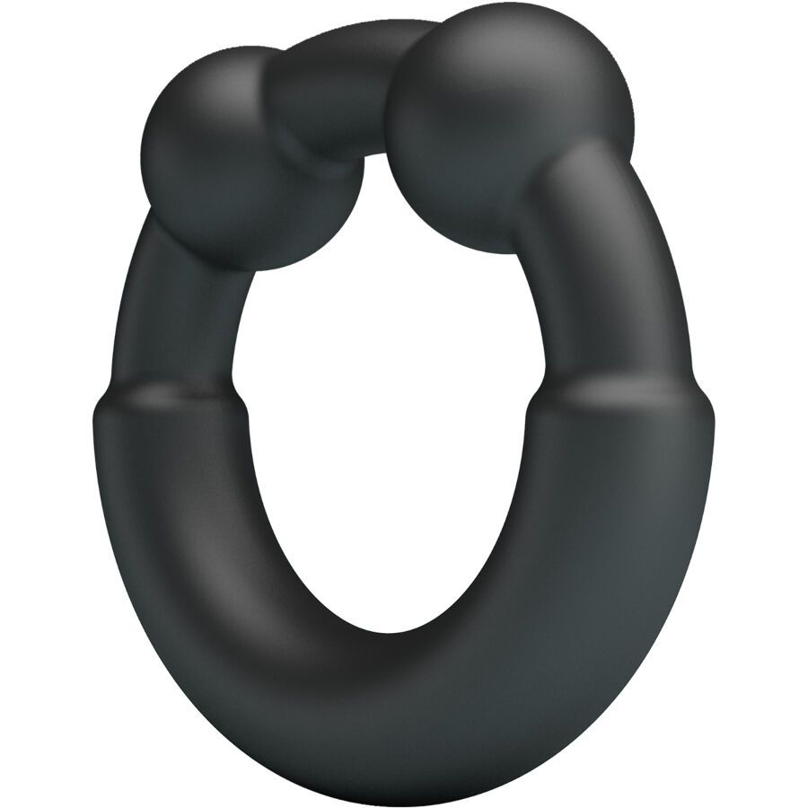 Anello nero con due sfere, accanto alla sua confezione "CRAZY BULL".