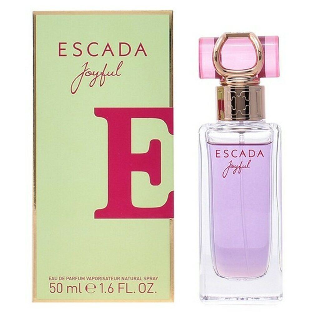 Flacone di profumo e scatola. Flacone rettangolare, liquido rosa, tappo rosa. Scatola verde, scritta Escada Joyful.