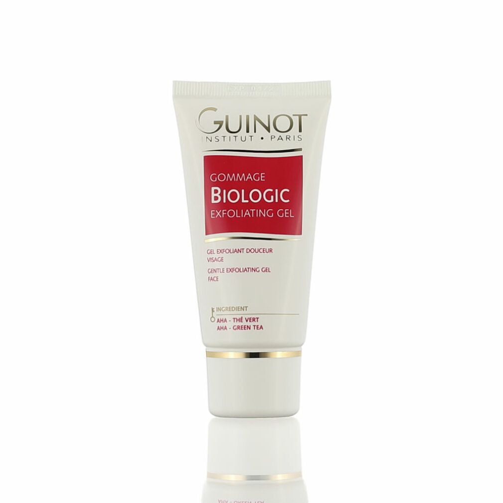 Tubo bianco con etichetta rossa. Scritta: Guinot, Gommage Biologic, Exfoliating Gel. Contiene AHA e tè verde. Per tutti i tipi di pelle.