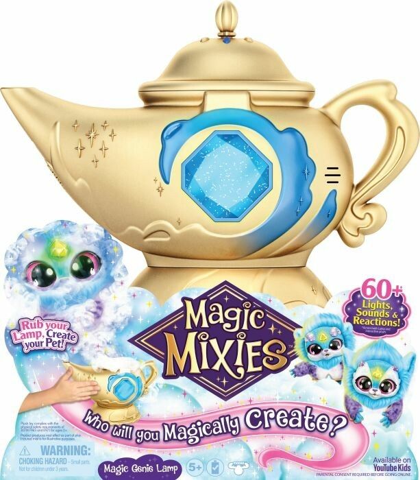 Confezione con lampada dorata e creatura blu. Testo: Magic Mixies. Età consigliata.