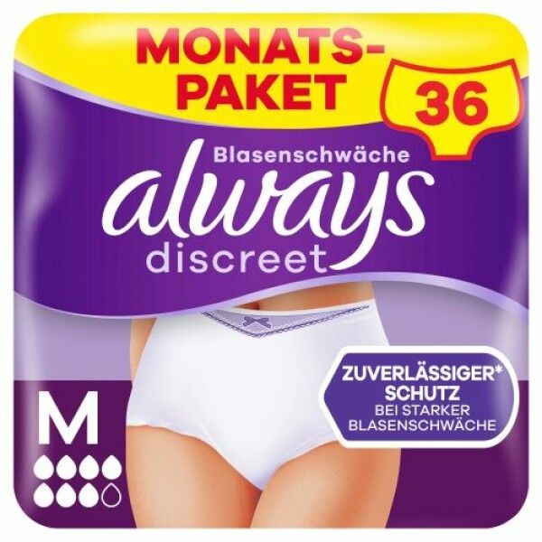 Always Discreet mutandine per incontinenza, taglia M. Confezione mensile. Confezione viola con immagine e informazioni.