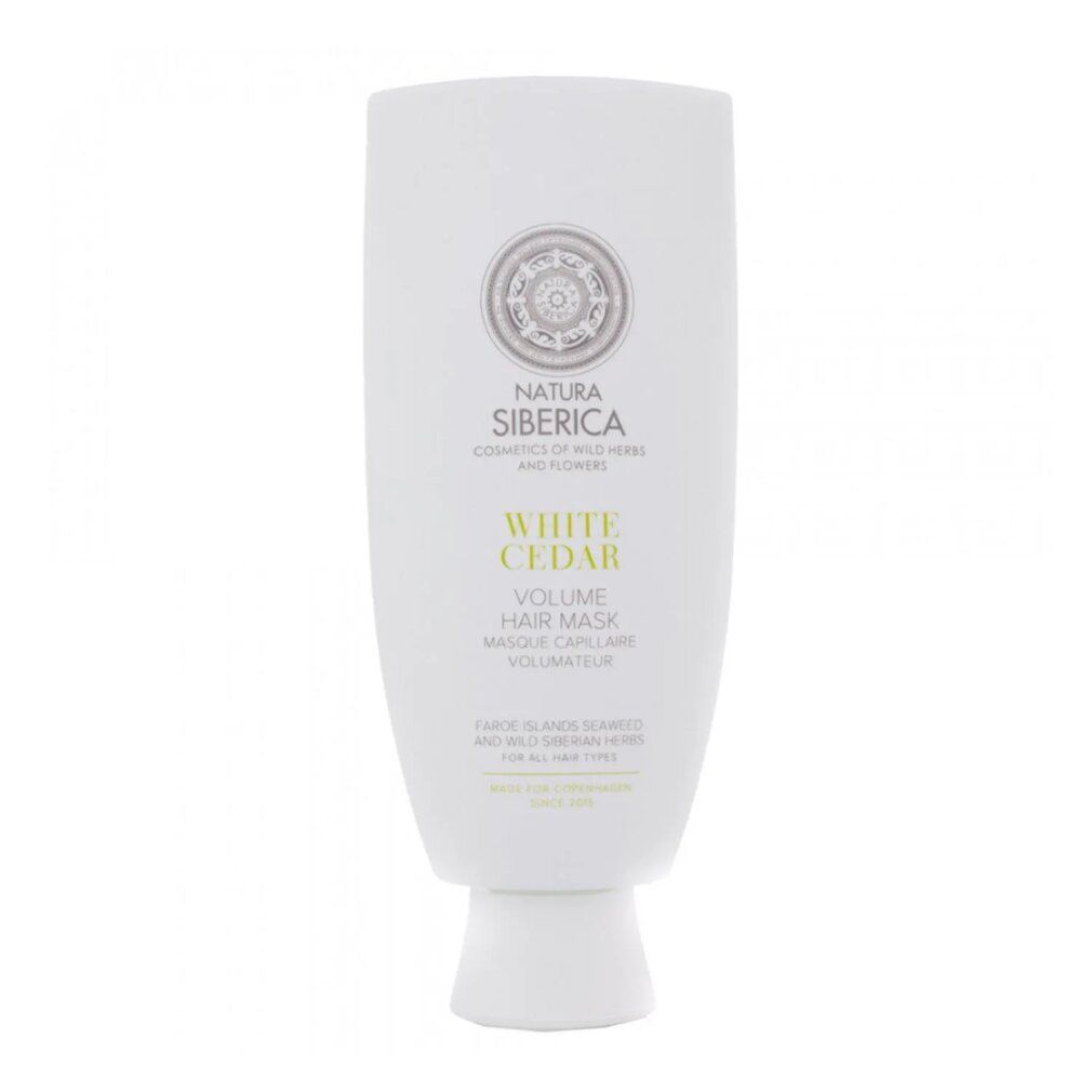 Tubo bianco con etichetta. Testo: Natura Siberica, White Cedar, Volume Hair Mask. Per tutti i tipi di capelli.