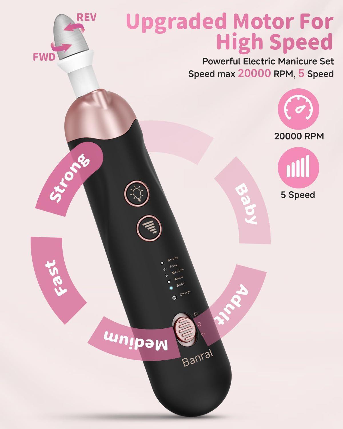 Set manicure elettrico nero e oro rosa. Pannello comandi, 5 velocità, fino a 20000 giri/min. Logo Banral.