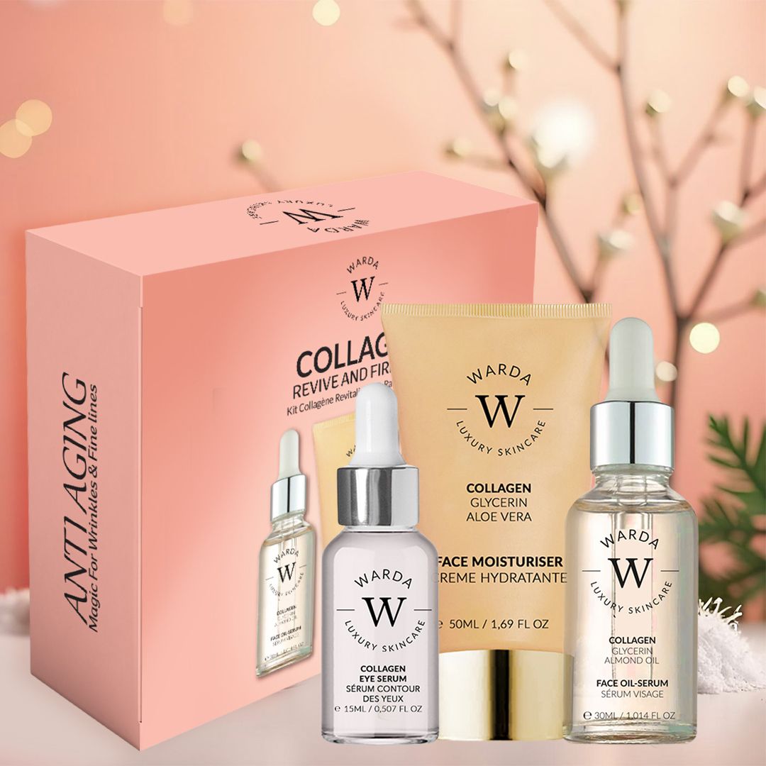 Set Warda COLLAGENSKIN LIFTER SERUM. Set con scatola, flaconi di siero e crema. Scritta: COLLAGEN, LUXURY SKINCARE.