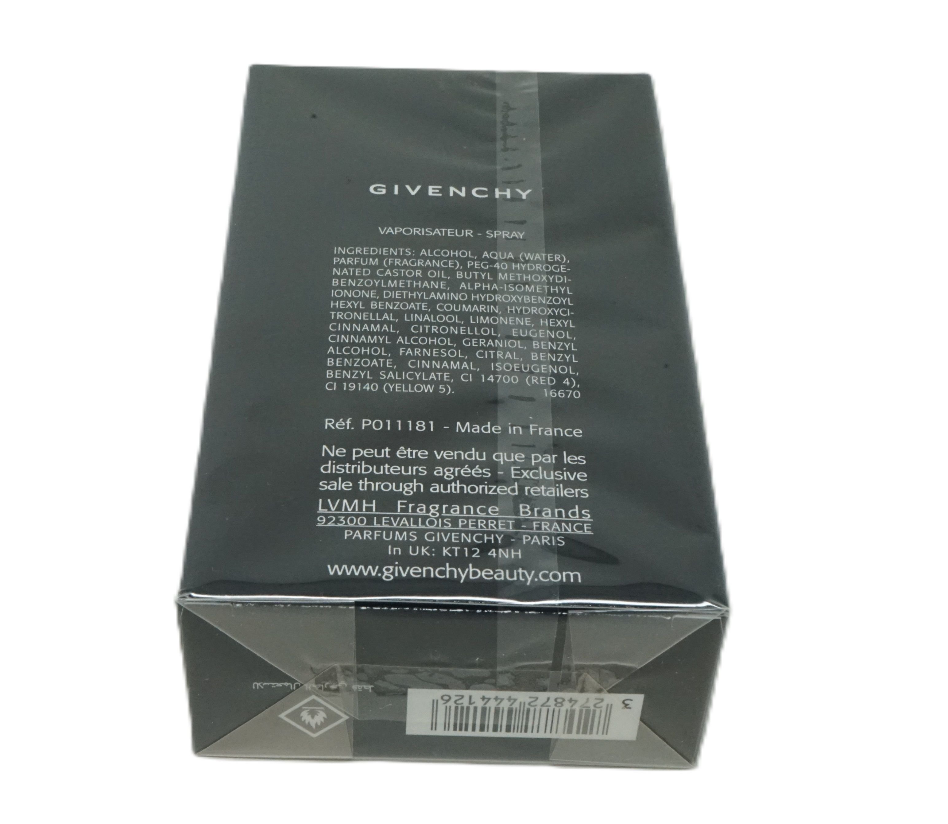 Confezione nera con testo. In alto, "GIVENCHY". Ingredienti e informazioni del produttore stampati. In basso, "www.givenchybeauty.com".
