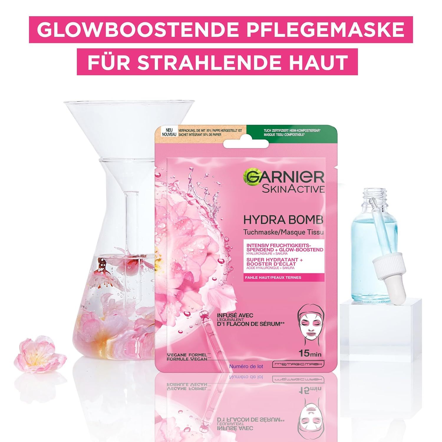Maschera in tessuto Garnier SkinActive Hydra Bomb, flacone e contenitore di vetro. Scritta: Idratazione intensa, luminosità.