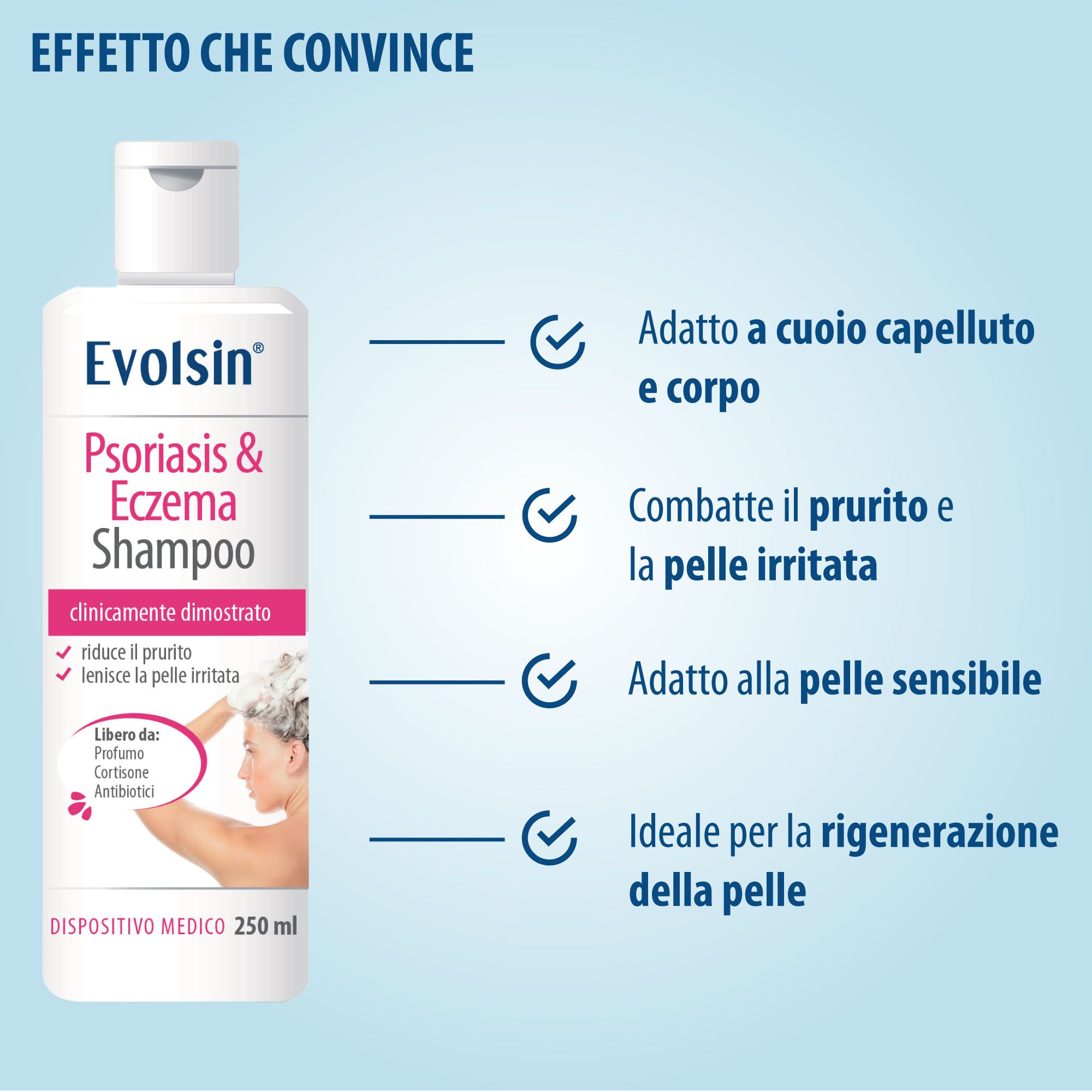 Evolsin Shampoo Psoriasi & Eczema. Flacone. Clinicamente testato. 250 ml.