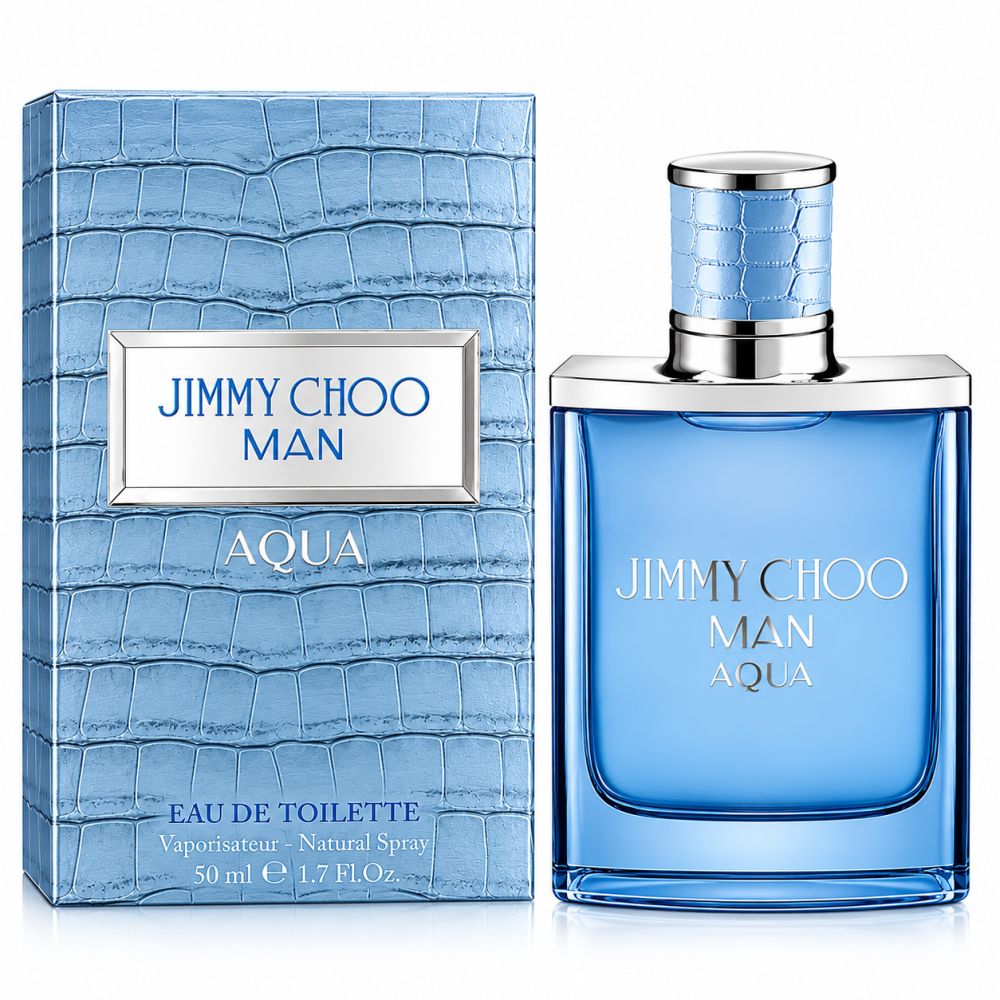 Flacone e confezione Jimmy Choo Man Aqua Eau de Toilette con texture pelle di coccodrillo.