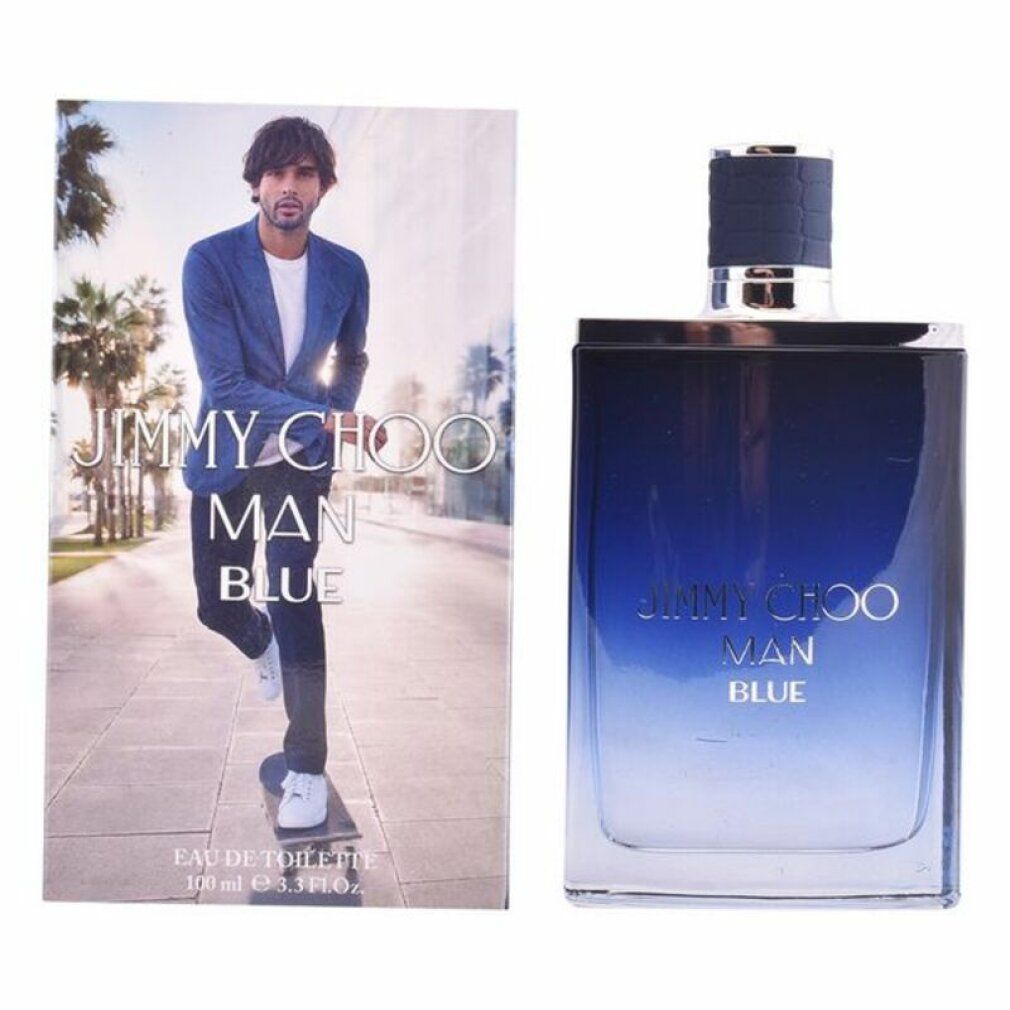Spray Eau de Toilette con confezione. Flacone e confezione con uomo. Scritta: JIMMY CHOO MAN BLUE. Scritta: Eau de Toilette, 100 ml.